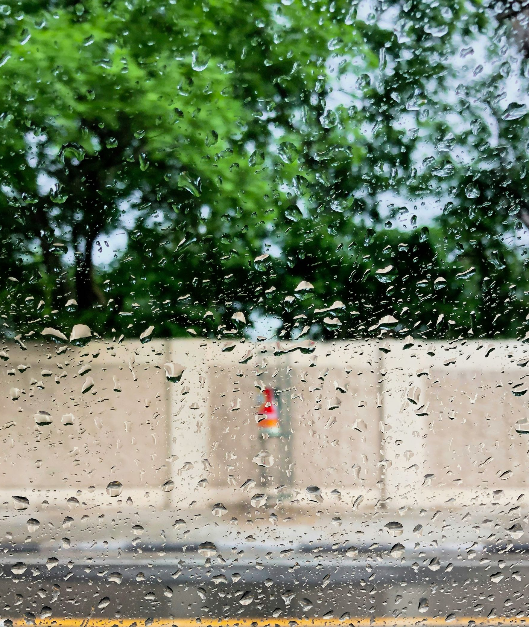 Rainy street view through a wet window, with a beige wall, trees, and road markings visible.