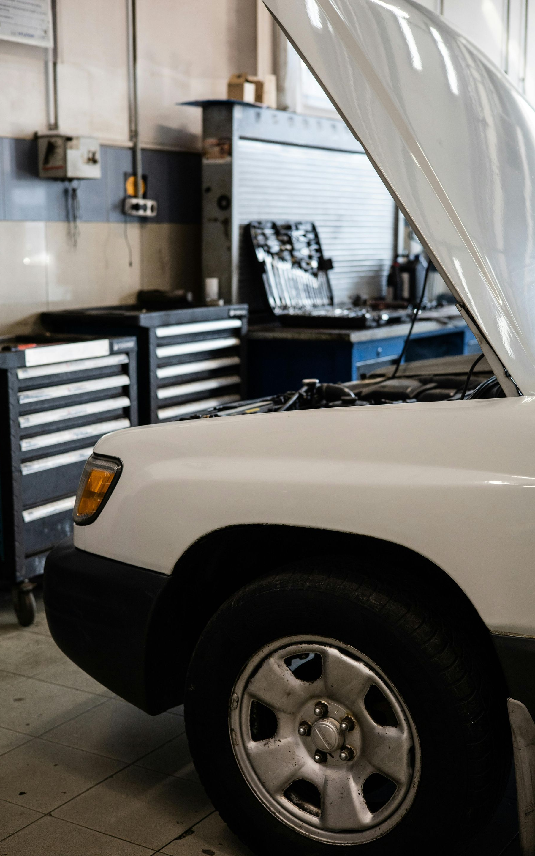 White car with hood up in auto repair shop, next to toolbox and other equipment.