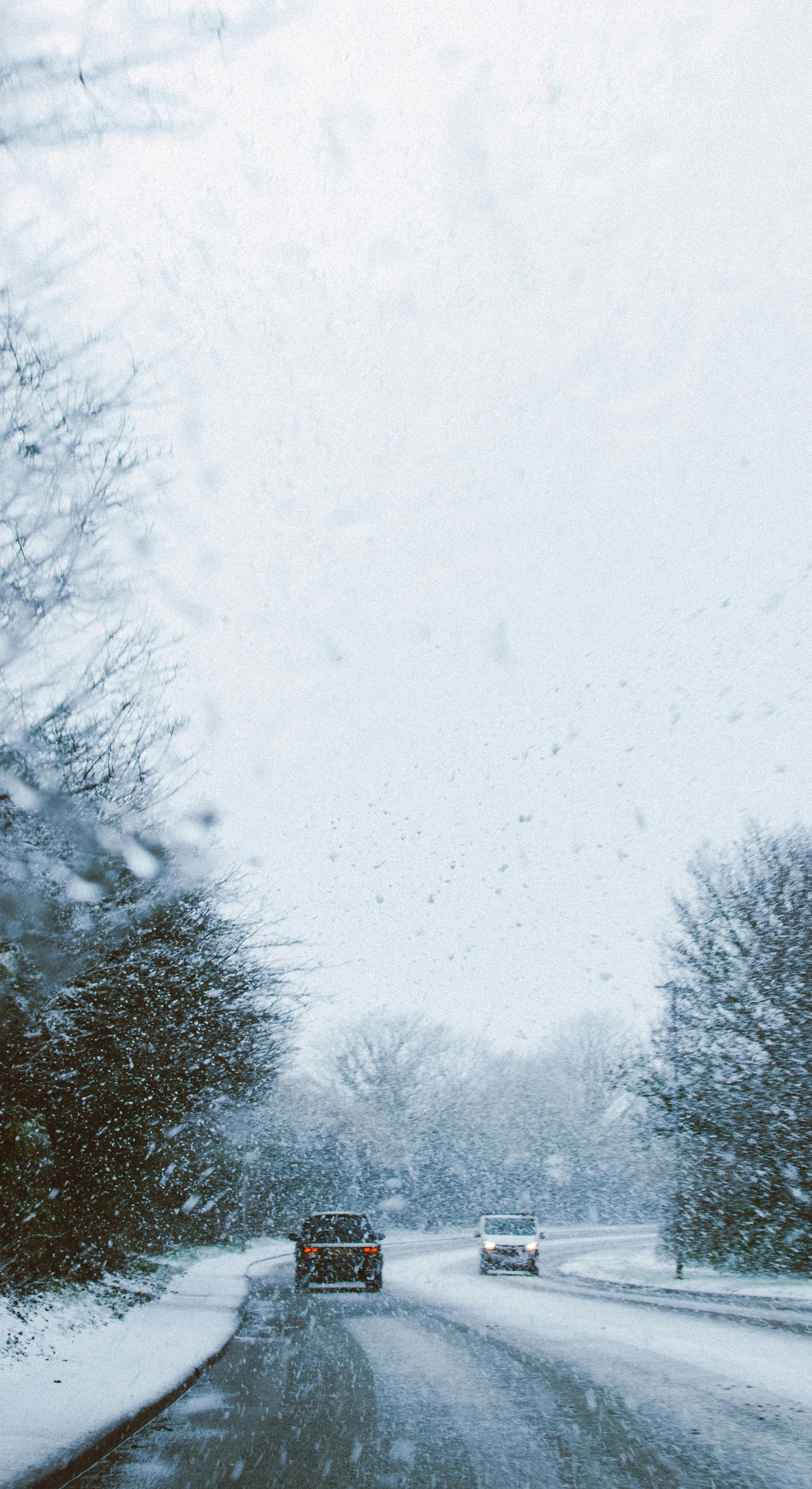 Snowy road with two cars driving through a winter landscape, trees lining the sides.