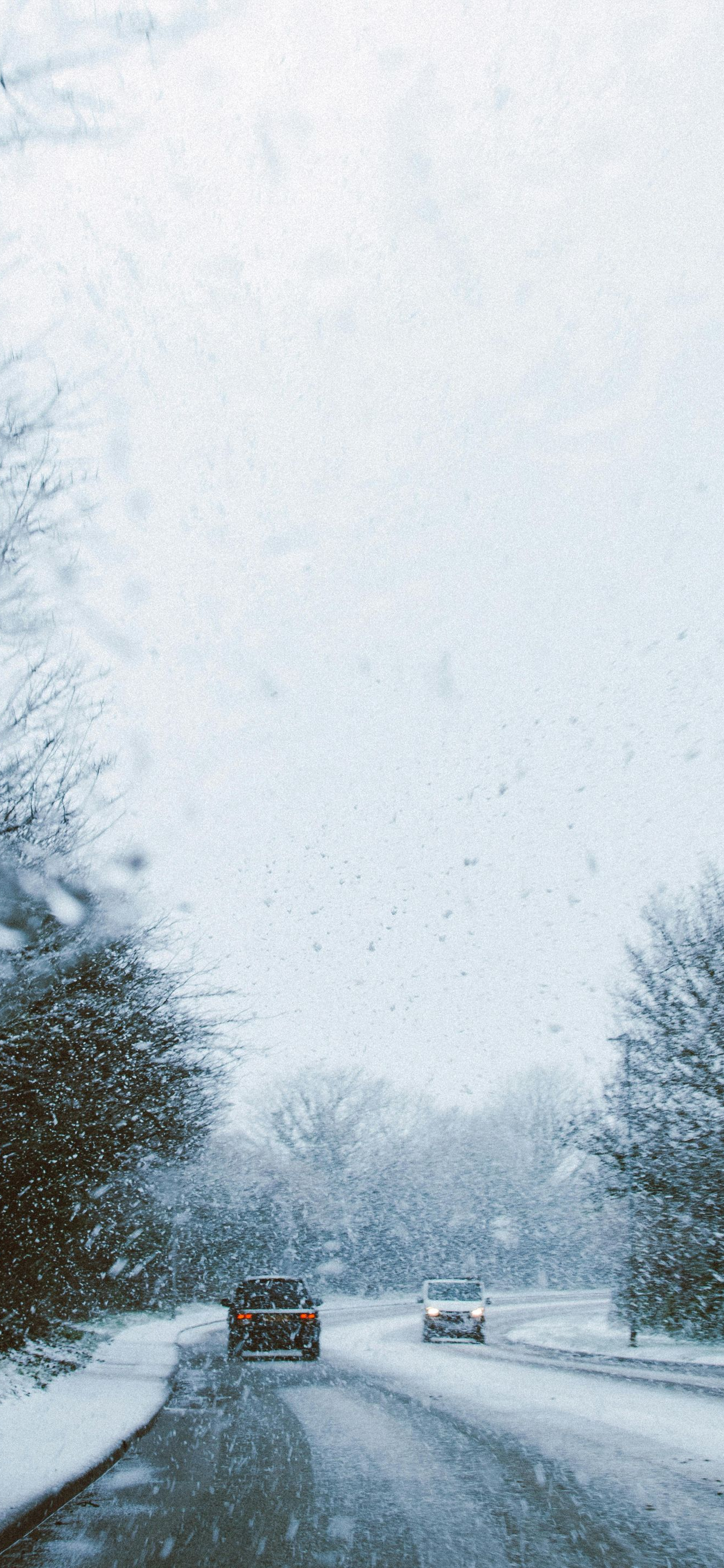 Snowy road with two cars driving through a winter landscape, trees lining the sides.