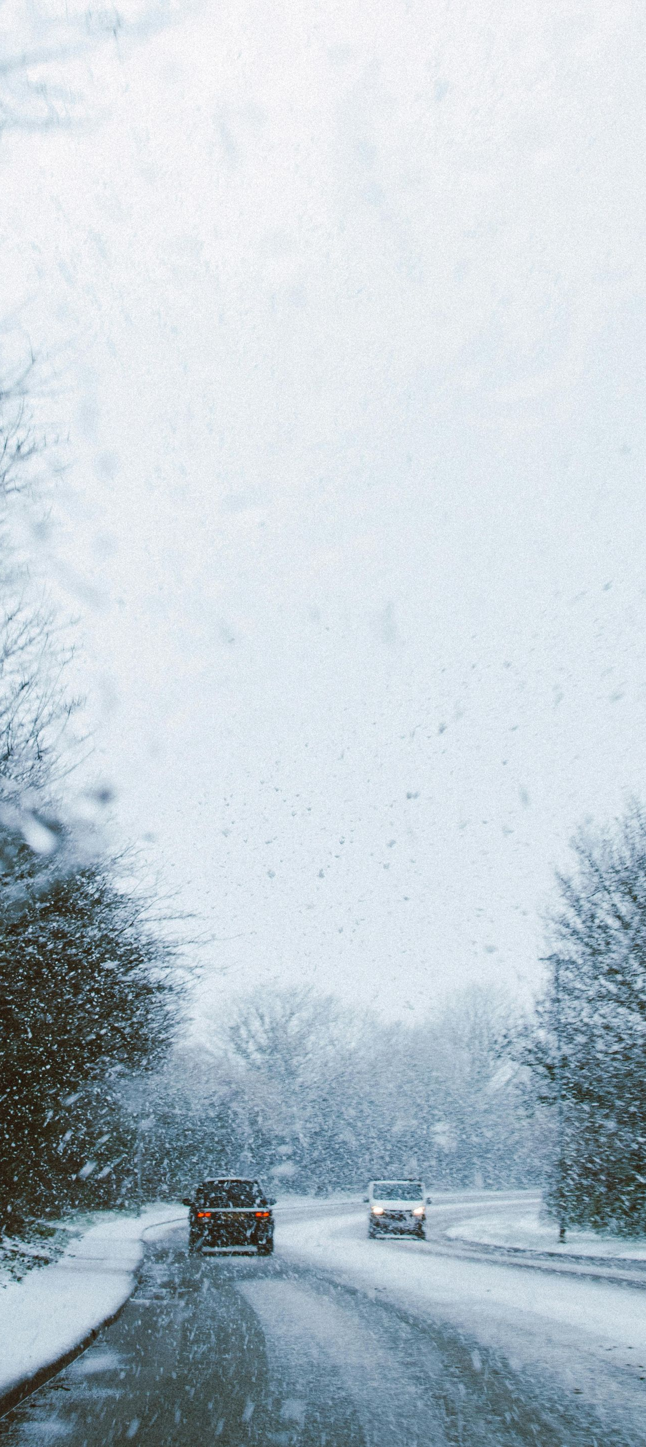 Snowy road with two cars driving through a winter landscape, trees lining the sides.