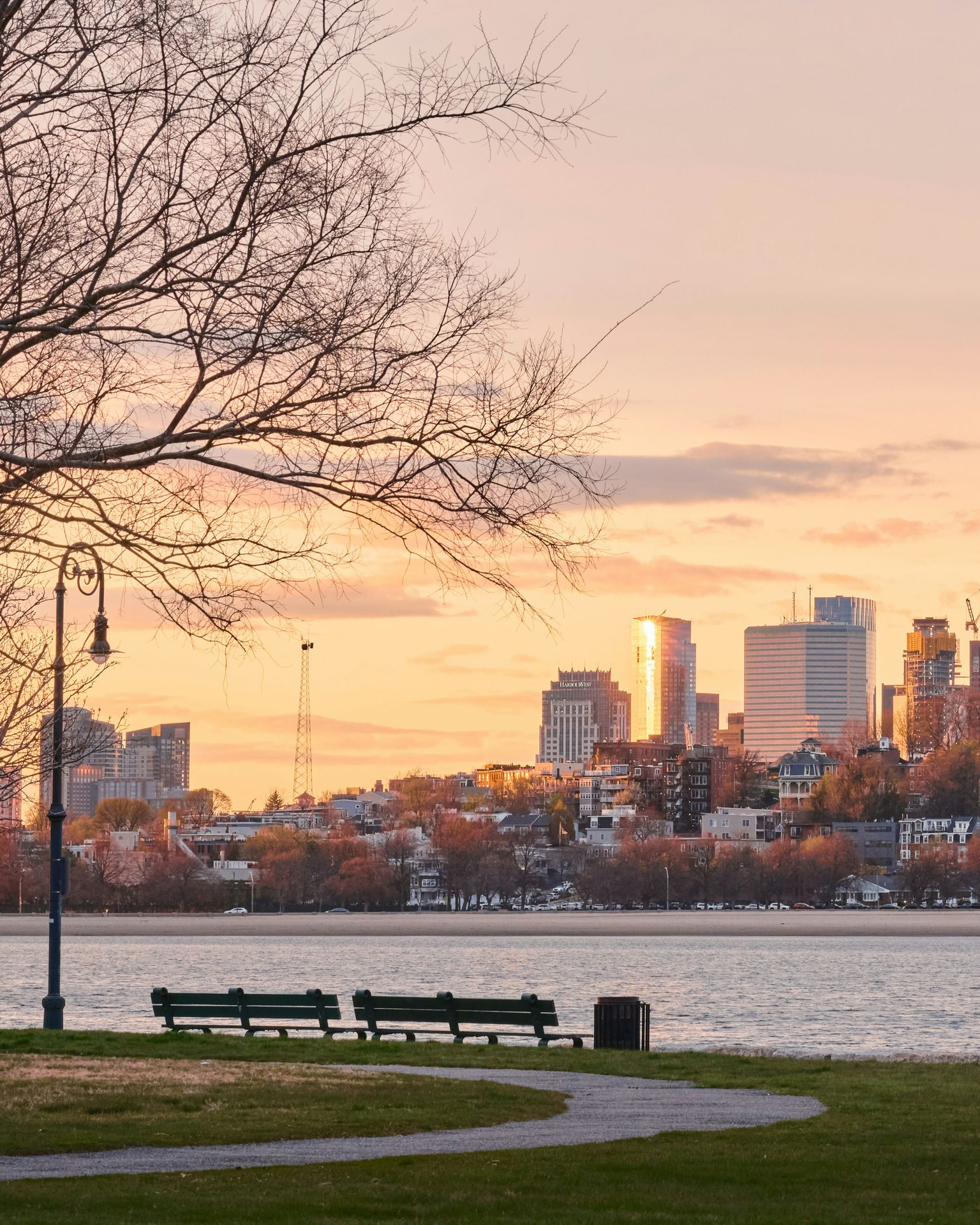 A sunset illuminates a city skyline across a calm body of water, viewed from a park with benches and a lamppost.