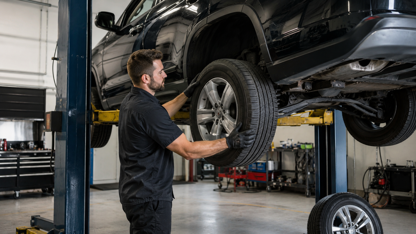 tire rotation service being performed in auto shop