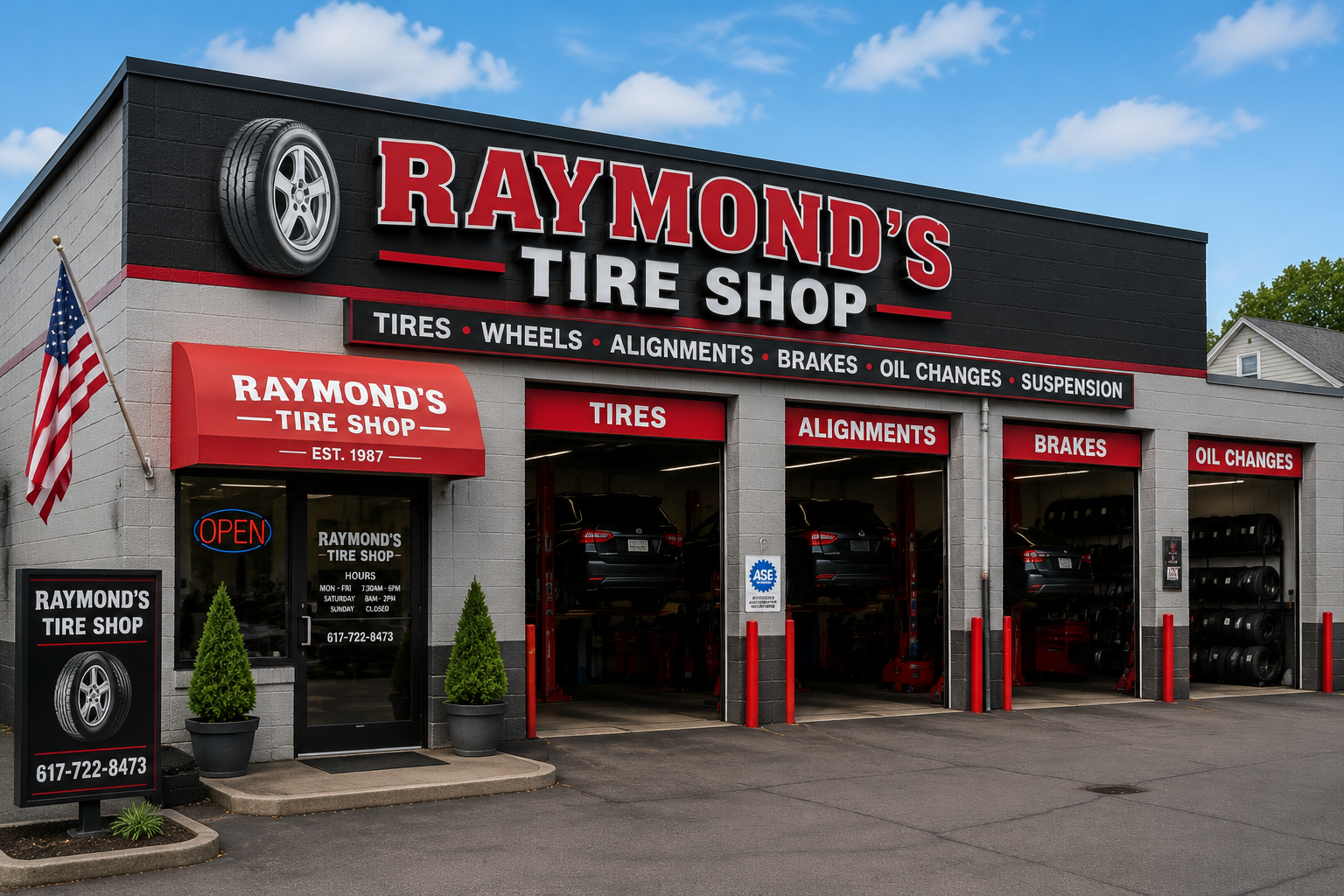 local Boston tire shop exterior Raymond’s Tire Shop style