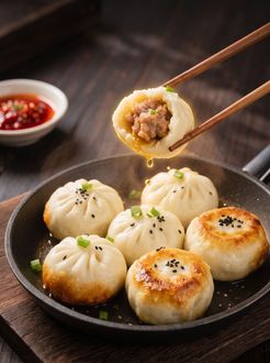 Steamed and pan-fried dumplings in a skillet, with chopsticks lifting one open to reveal filling.