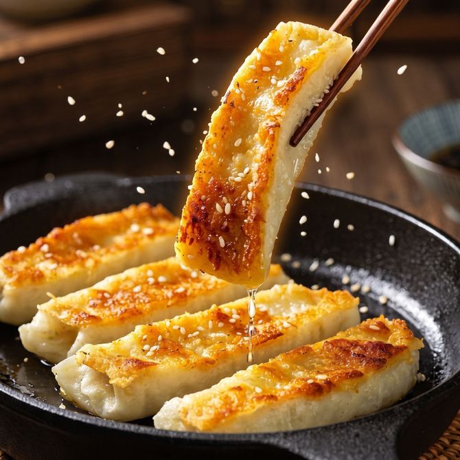 Chopsticks lifting a golden pan-fried dumpling from a skillet, with several dumplings sizzling below