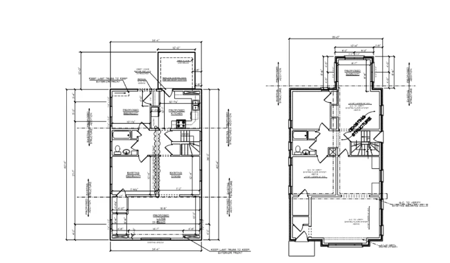 Black-and-white architectural floor plan drawings with room labels and dimensions