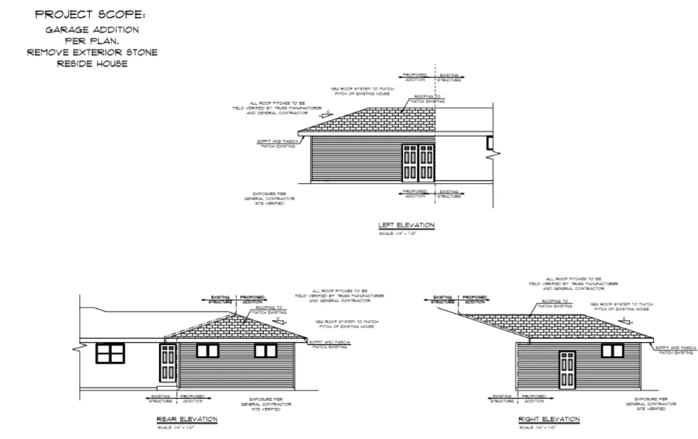 Architectural elevation drawings of a small house with front, side, and roof views.