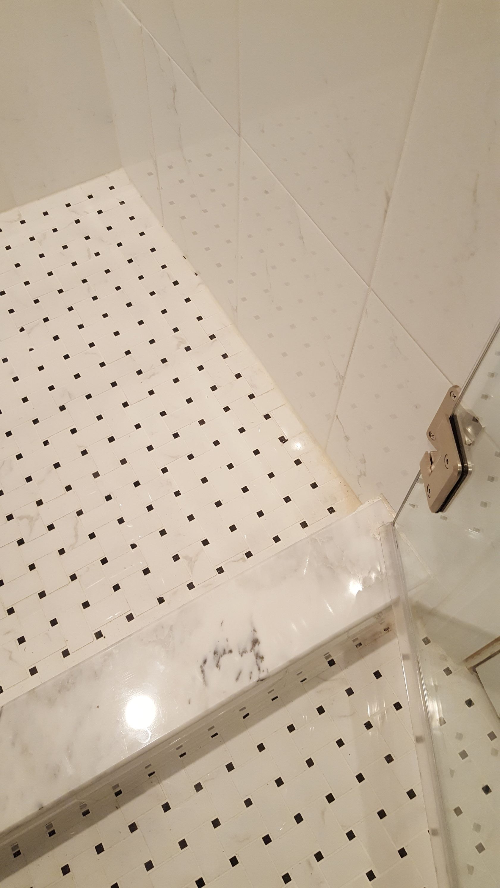 Tiled shower corner with white walls, black dot floor, and a glass door hinge