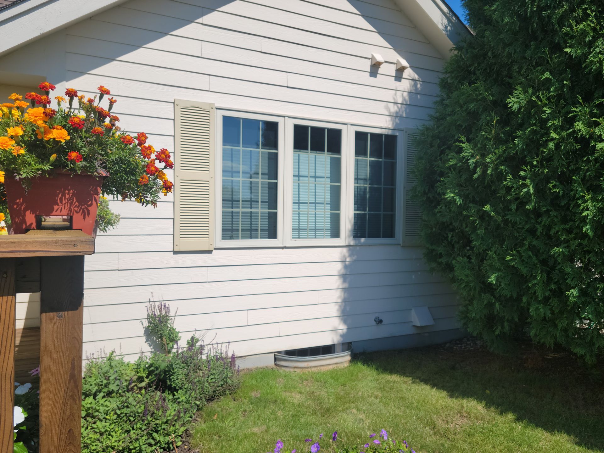White house siding with a window and shutters, green lawn, and orange flowers on a porch post.