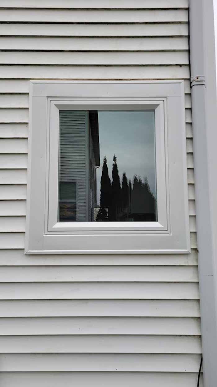 Small white-framed window on white vinyl siding, reflecting trees and sky.
