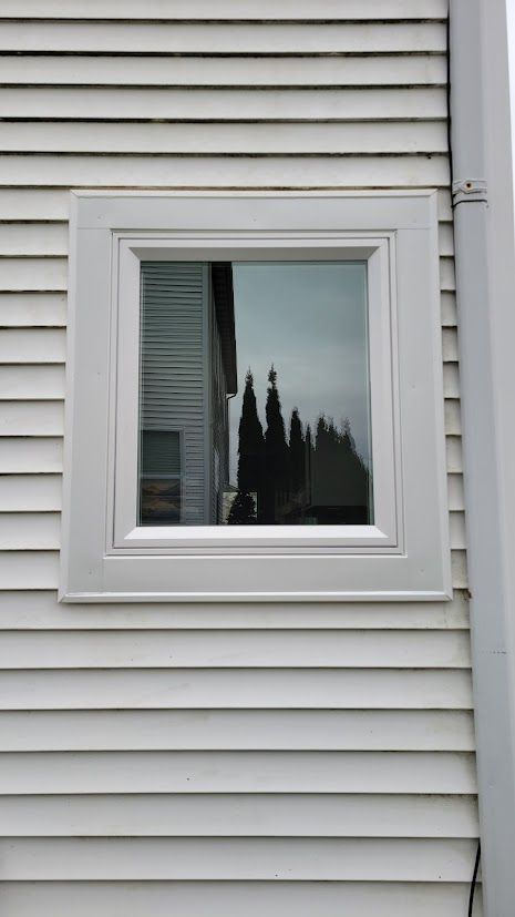 White-framed window on a light gray siding wall, reflecting trees and sky.