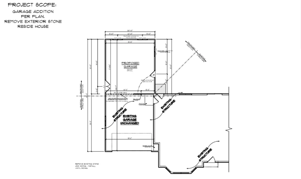 Architectural floor plan sketch with dimensions and room labels in black and white.