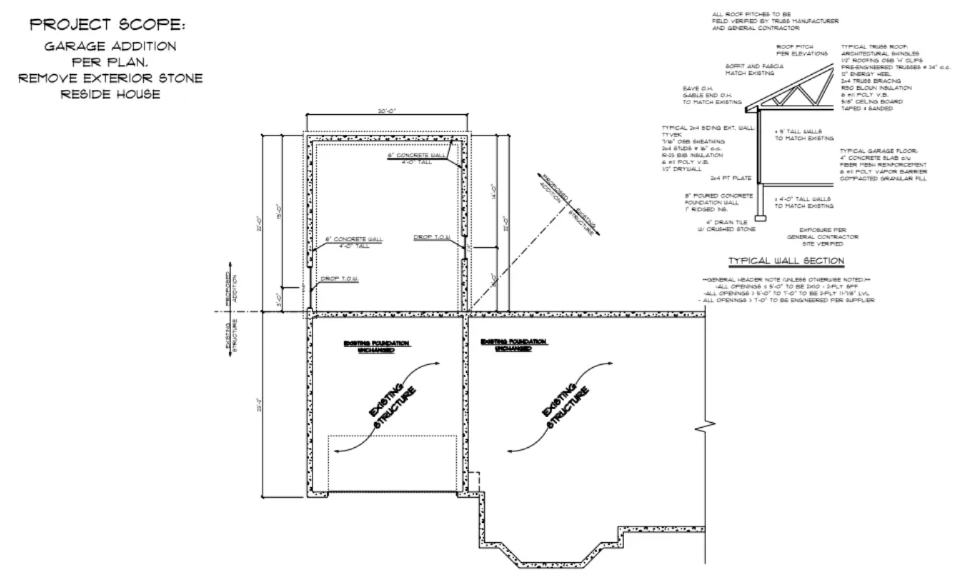 Black-and-white architectural floor plan with labels, dimensions, and section details.