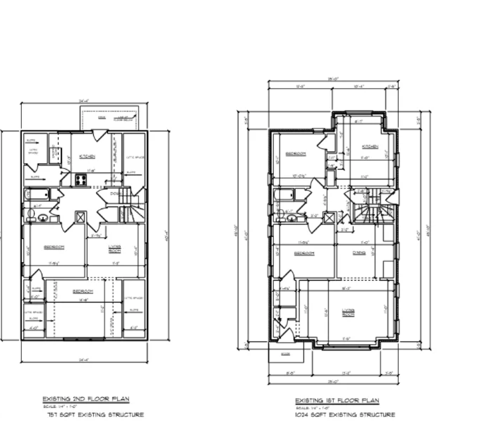 Two black-and-white floor plan drawings of a narrow multi-story house layout with dimensions.