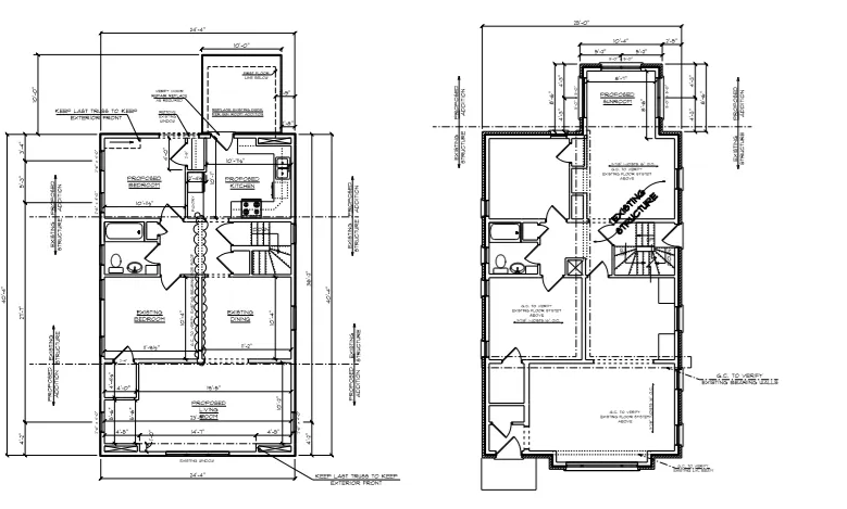 Two black-and-white architectural floor plan drawings of a narrow house layout with room labels and dimensions