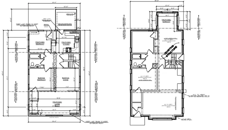 Two black-and-white architectural floor plans side by side, showing room layouts and dimensions