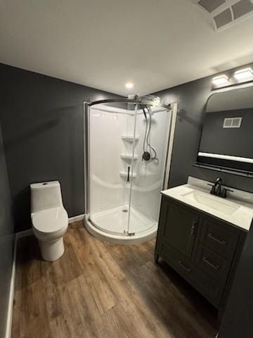 Modern bathroom with corner shower, toilet, vanity, and wood-look flooring