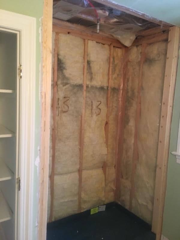 Exposed wall studs and insulation in a small closet, with ceiling damage above.