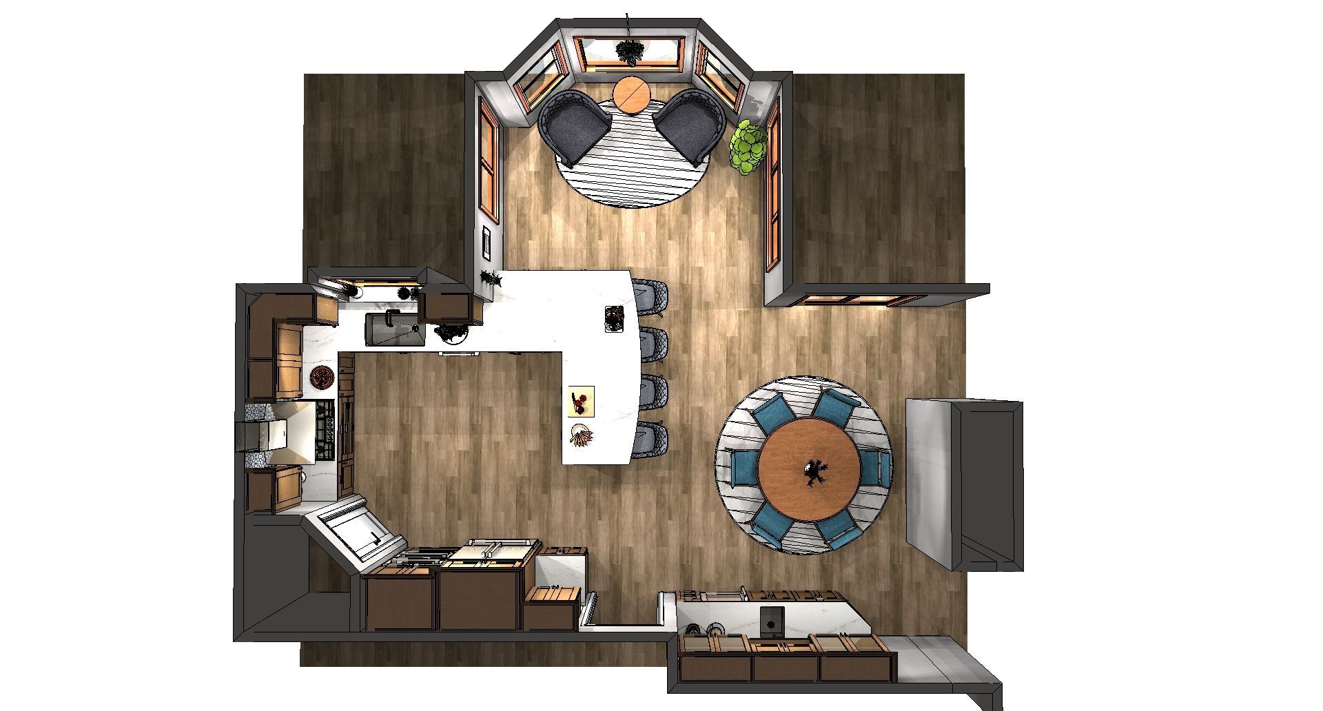 Top-down floor plan of a small home with living area, kitchen, dining table, and bedroom in brown tones