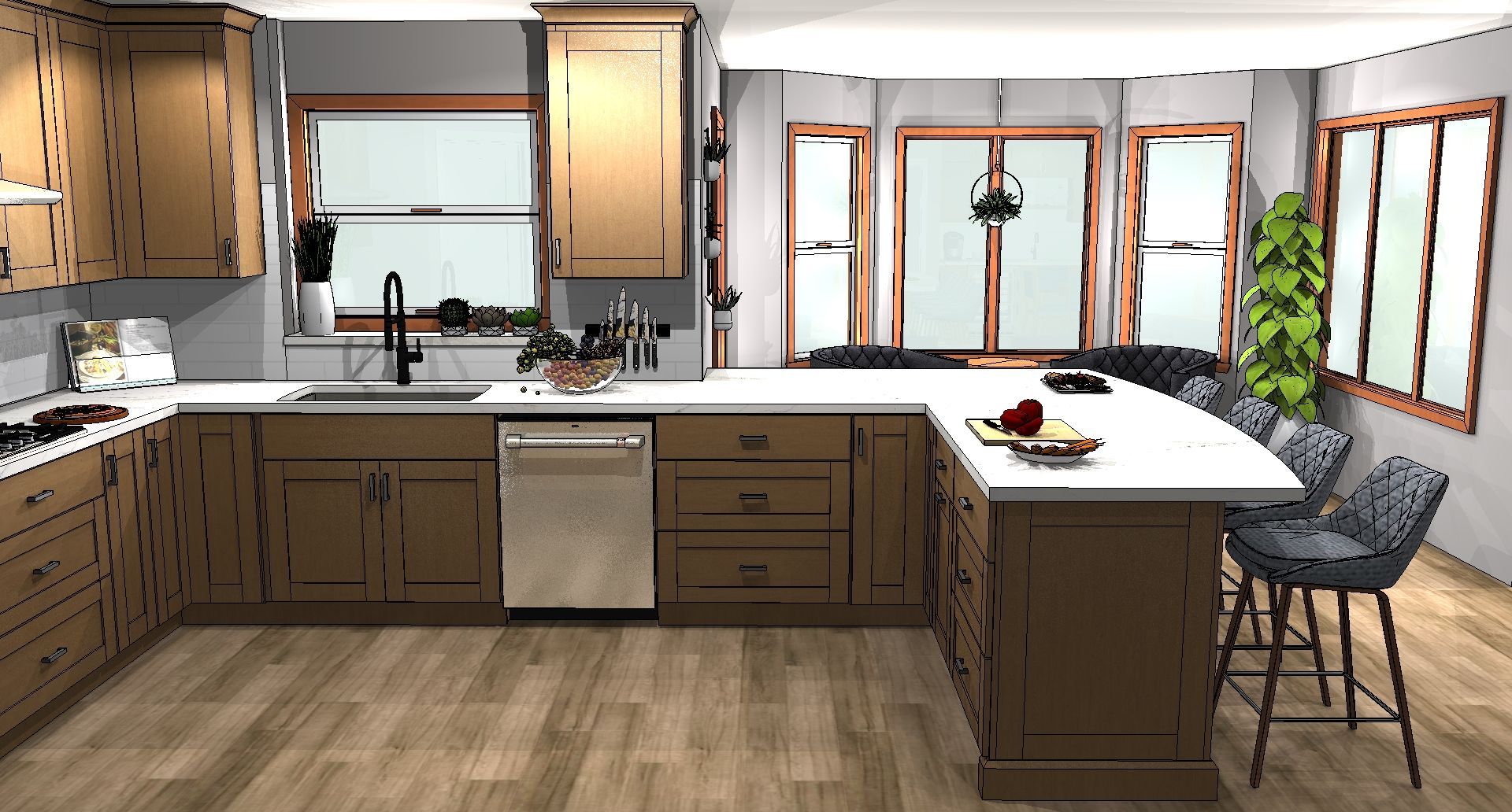 Bright kitchen with wood cabinets, island breakfast bar, sink under window, and two chairs by large windows.