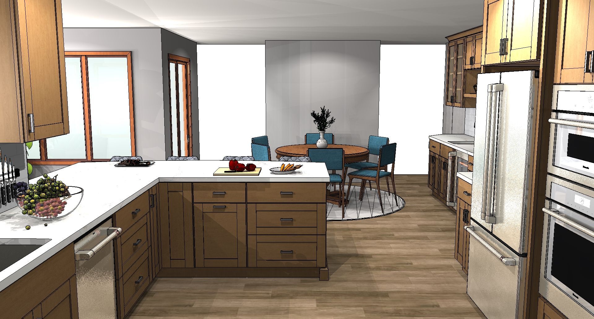 Modern open-plan kitchen and dining area with wood floors, white cabinets, and a table by the window.