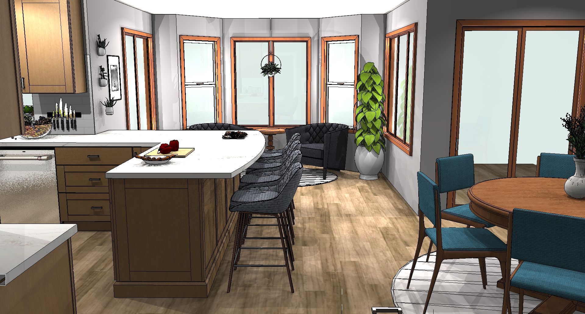 Bright modern kitchen with island, wooden floors, stools, and a small dining table by large windows.