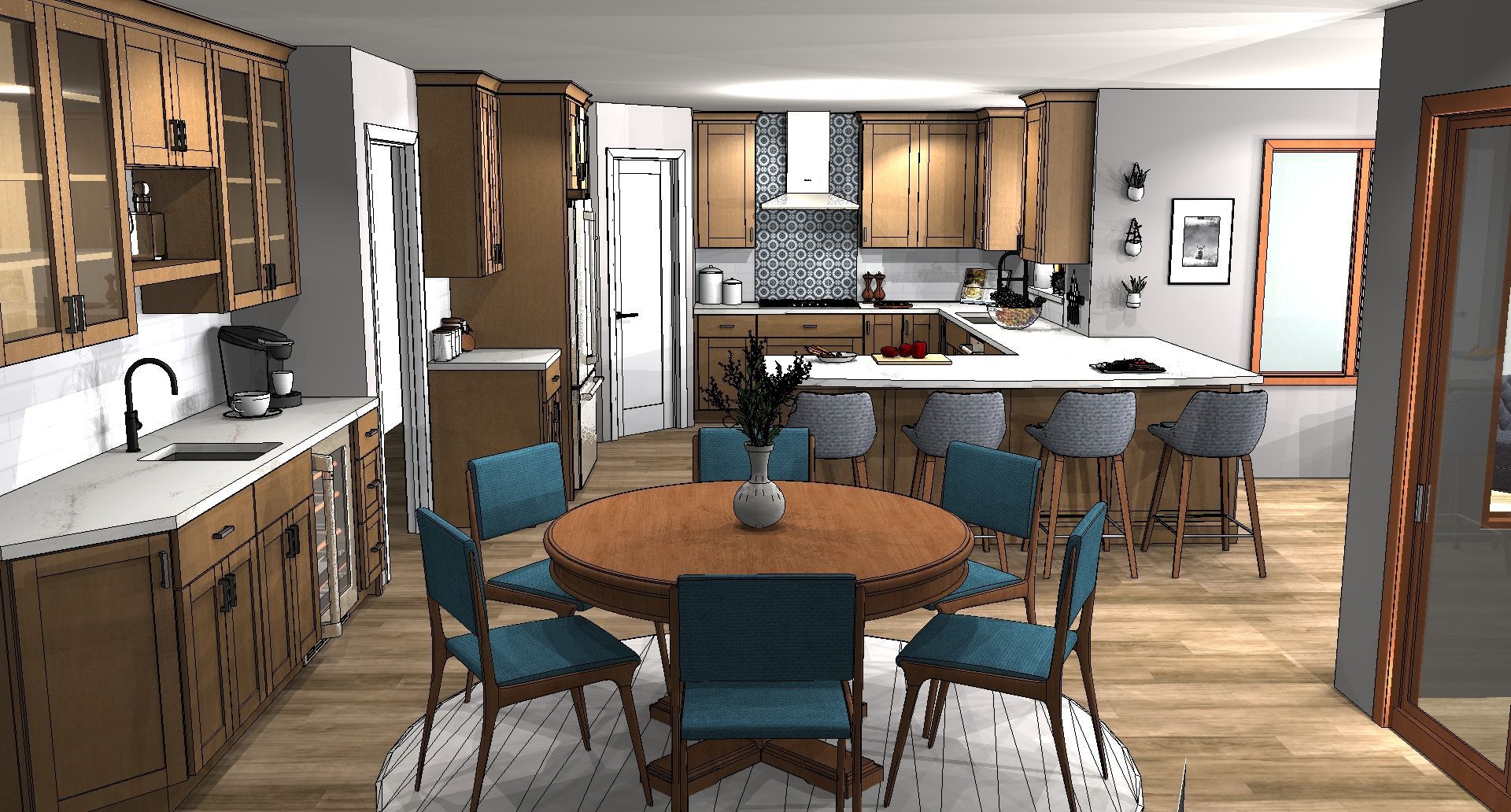 Modern kitchen and dining area with wooden cabinets, round table, island, and blue chairs