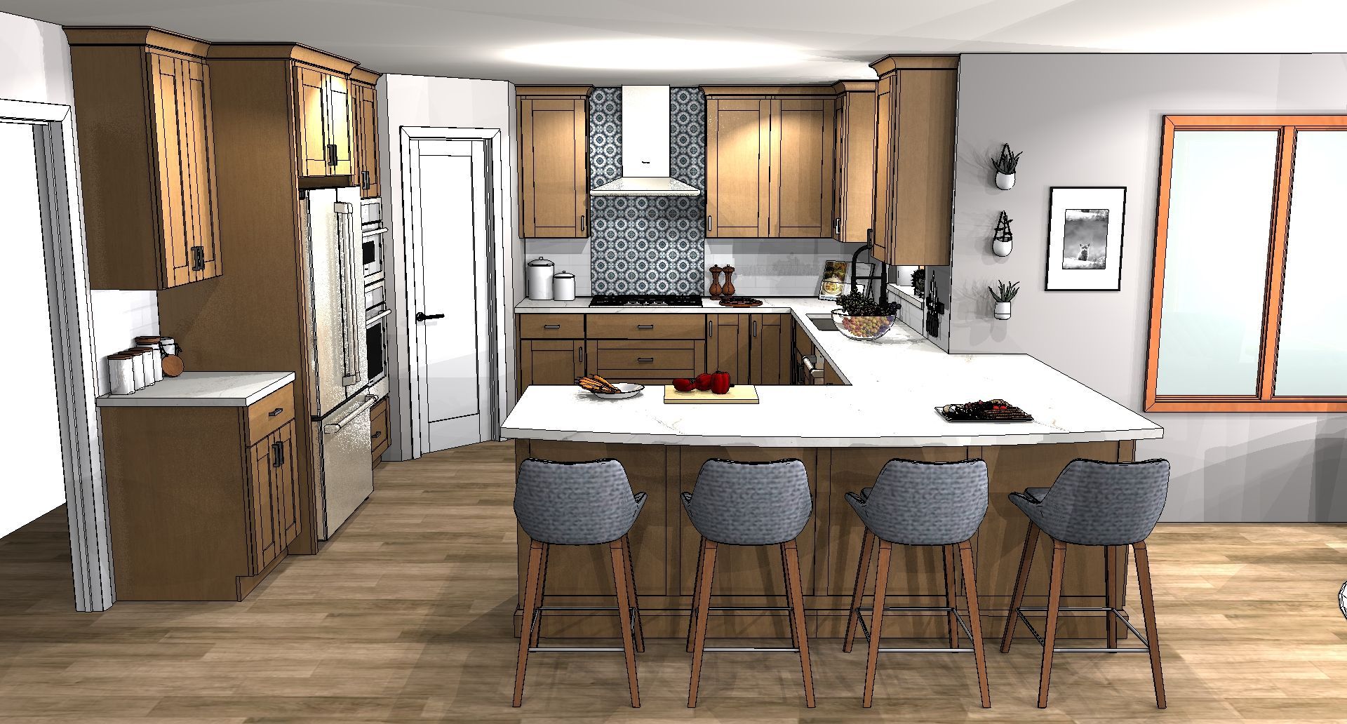 Bright modern kitchen with island, four stools, white cabinets, and stainless appliances