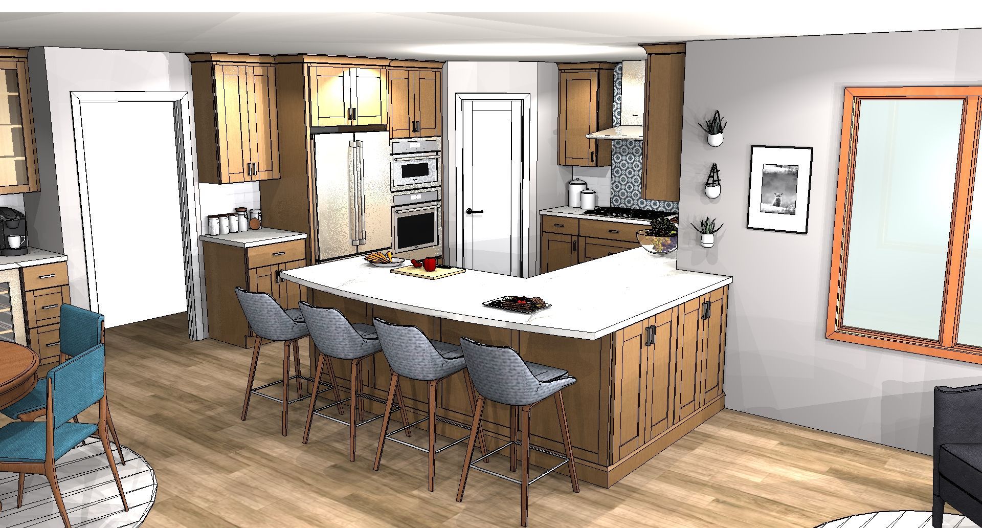Modern kitchen with wood cabinets, white island, barstools, and a bright open layout