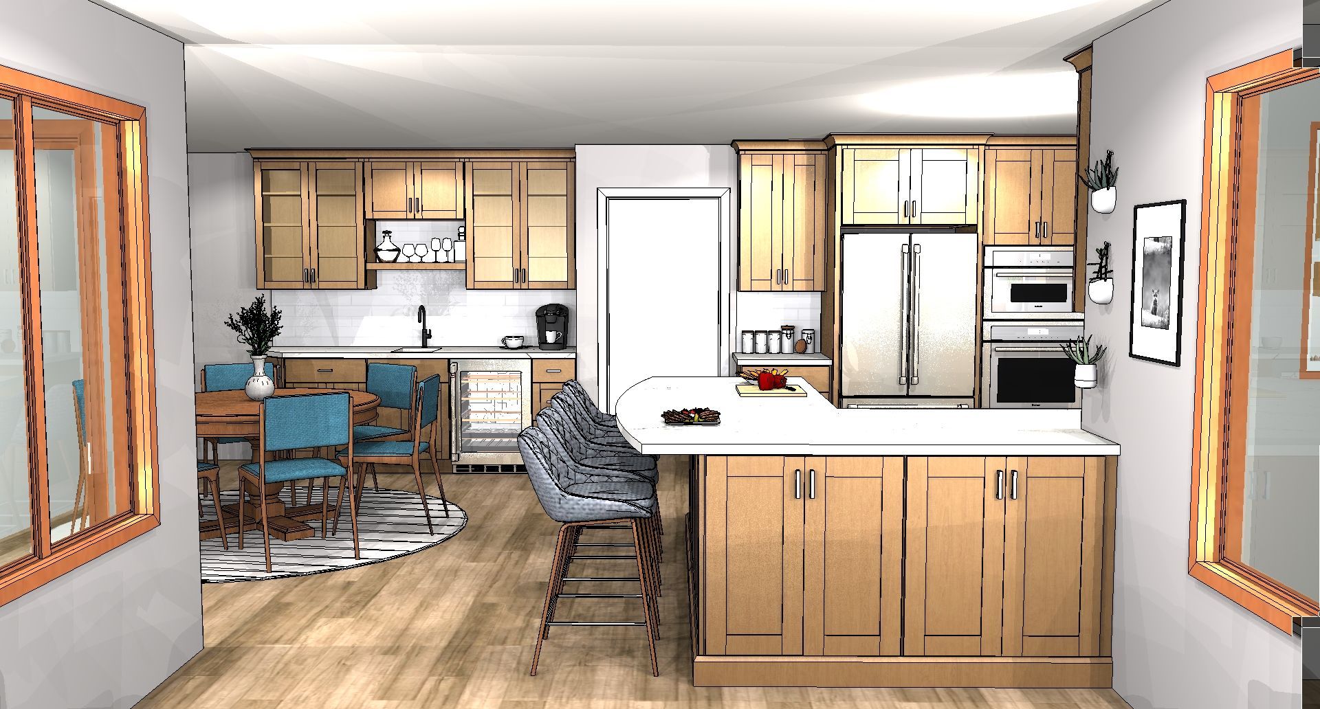 Modern kitchen and dining area with wooden cabinets, white appliances, island, and large windows