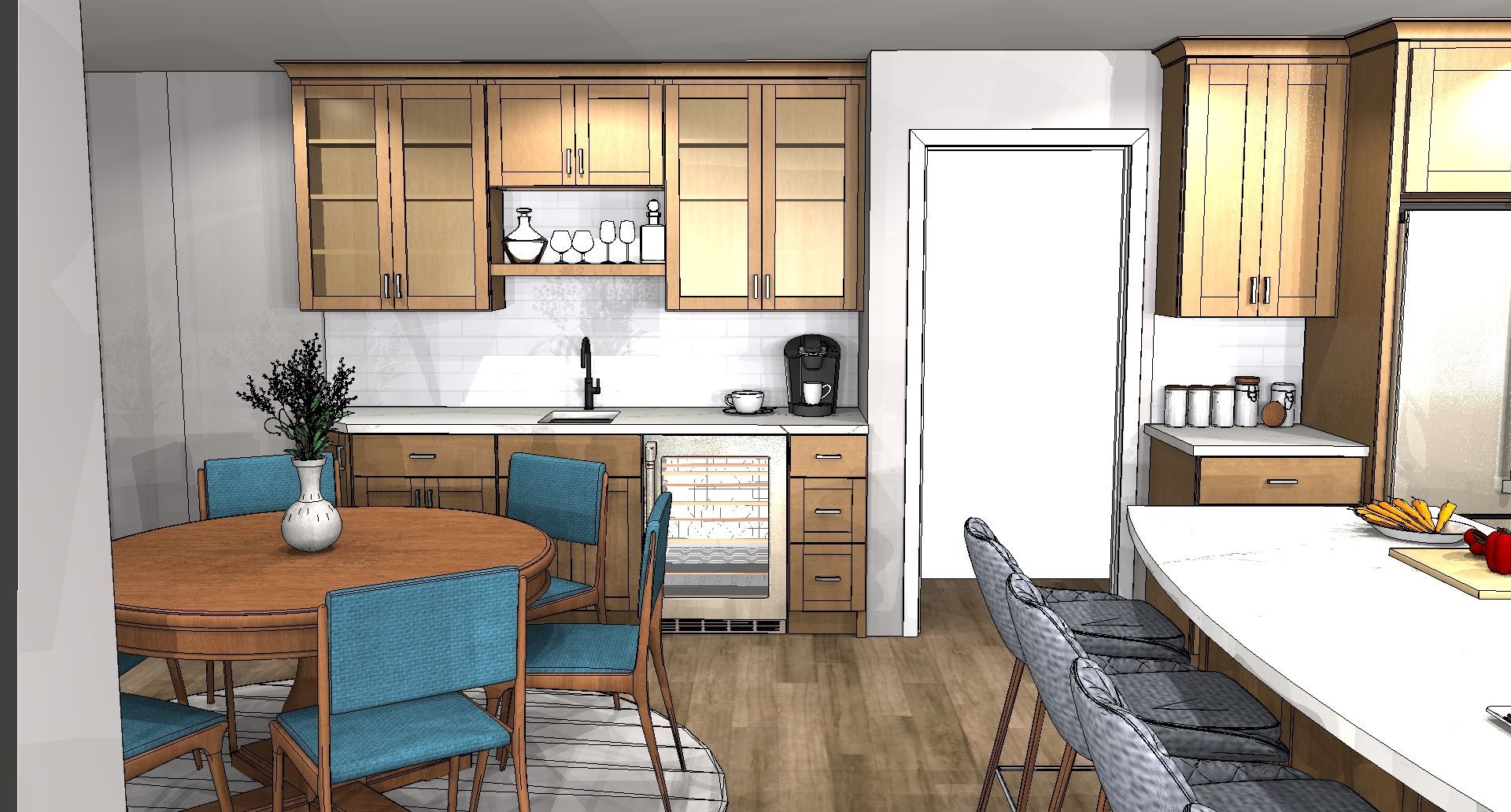 Modern kitchen with wooden cabinets, white appliances, blue chairs, and a dining table by the window