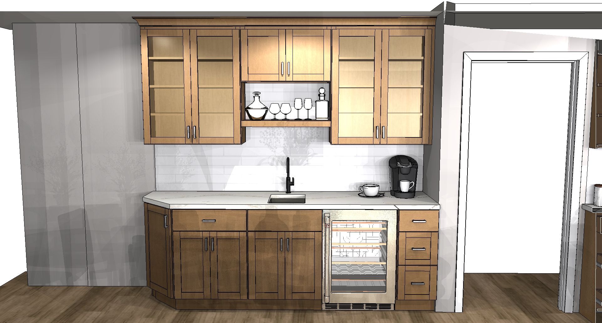 Modern kitchen with wood cabinets, white countertops, sink, stove, coffee maker, and open doorway