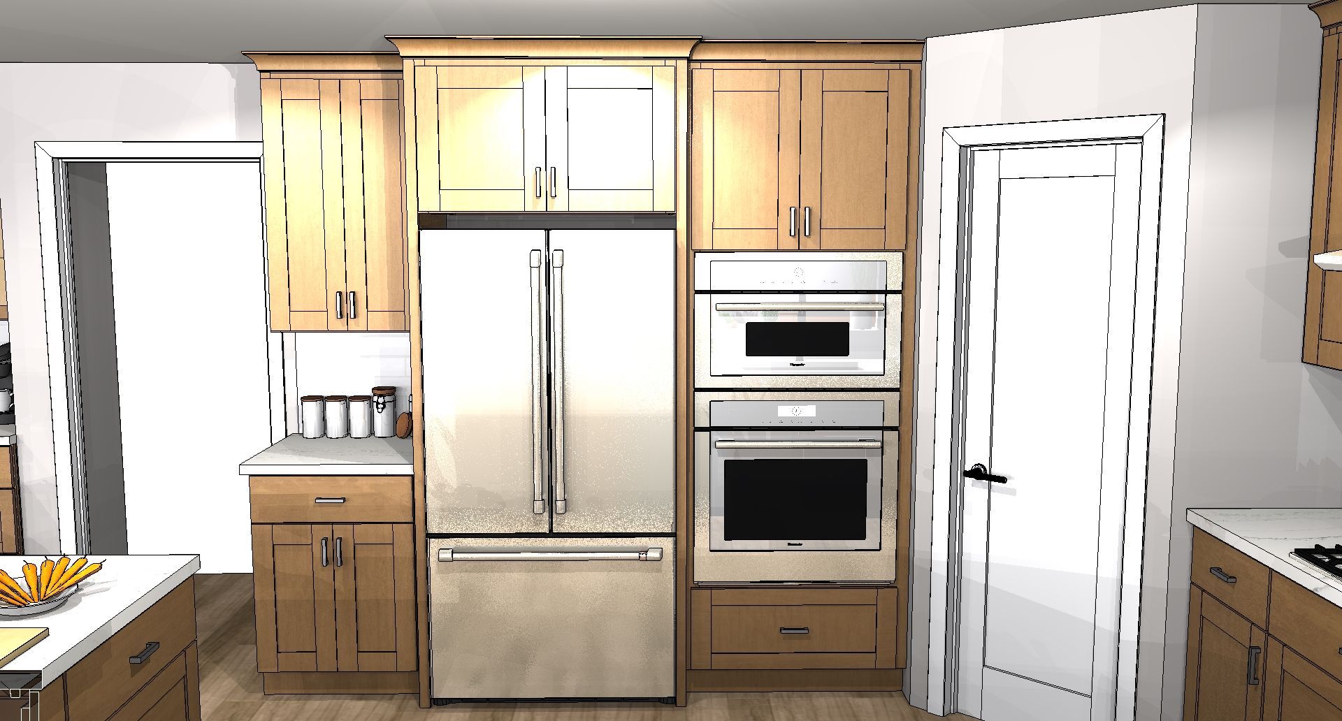 Modern kitchen with stainless steel fridge, wood cabinets, built-in oven, and white pantry door