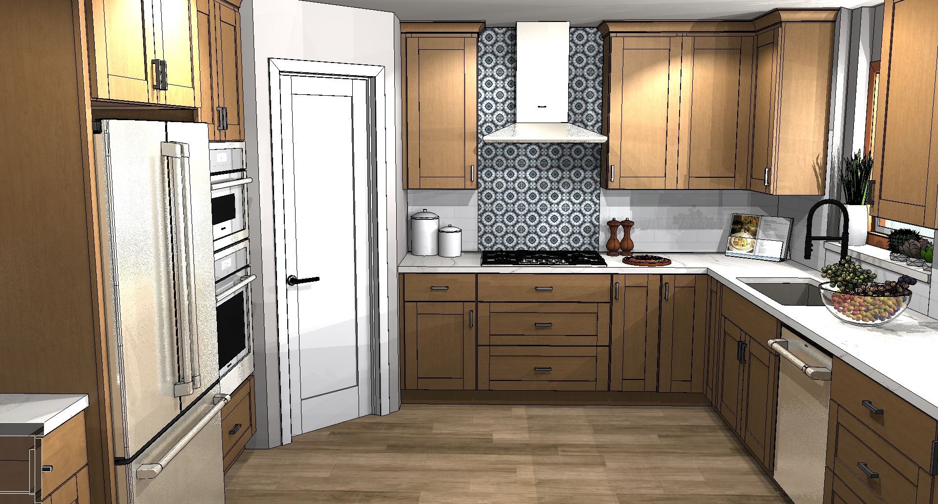 Bright kitchen with wood cabinets, white counters, stainless fridge, and a central island.