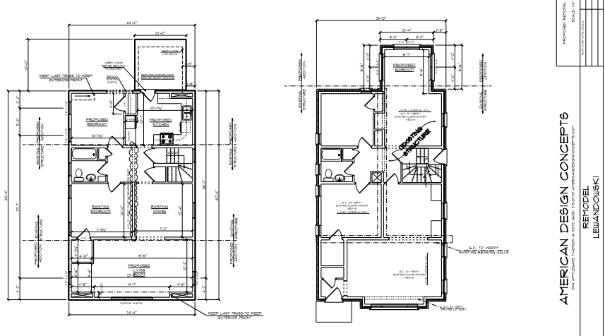 Black-and-white architectural floor plans of a small building layout with room labels and measurements.