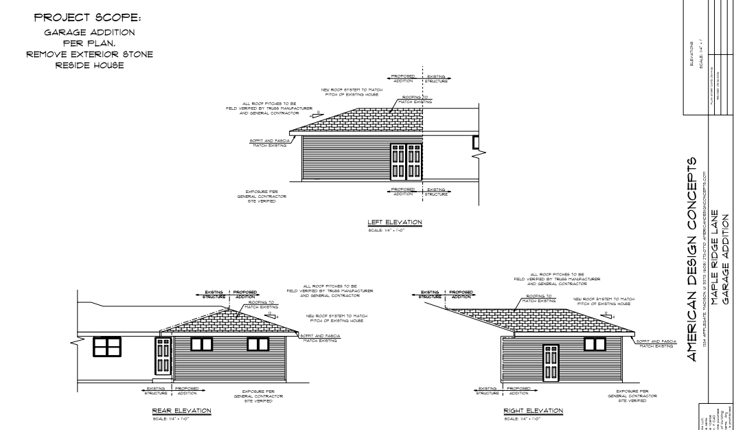 Architectural blueprint with three building elevation and section drawings in black and white