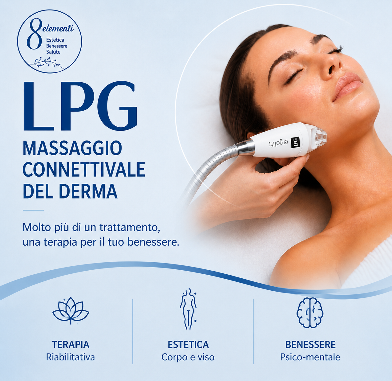 LPG massage advertisement with woman receiving facial treatment, blue-white design and Italian text
