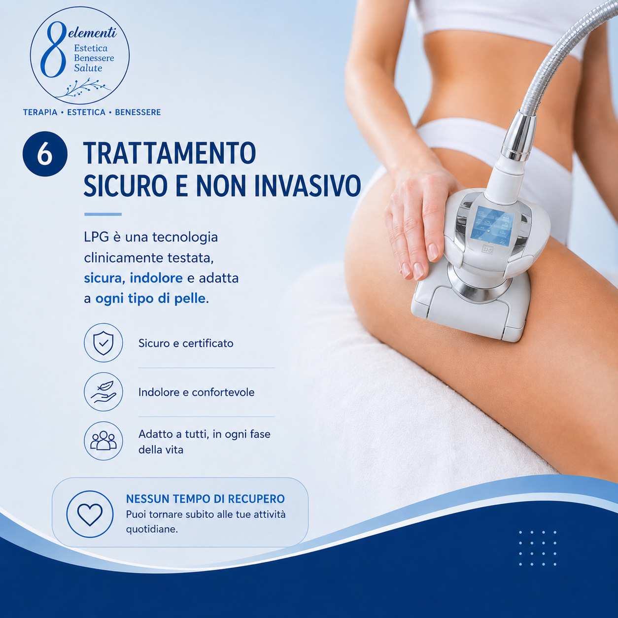 Handheld massager glides over a person’s back, with blue motion lines showing therapeutic vibration.