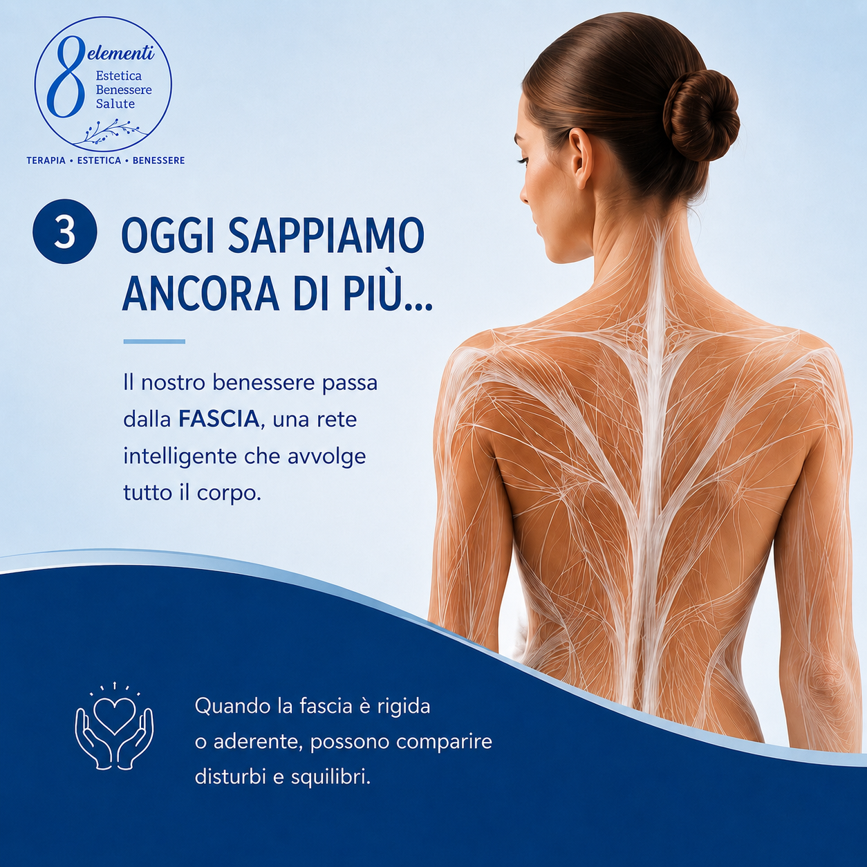 Poster with a woman’s back overlaid by a white body network, Italian text on a blue background.