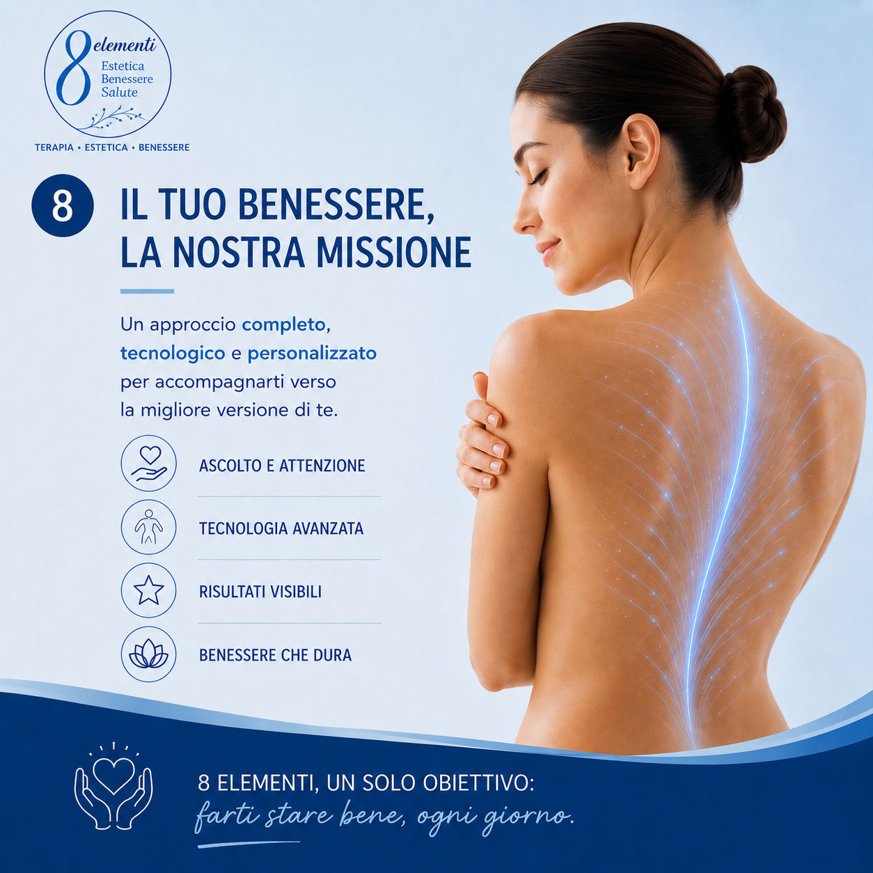 Italian wellness ad with a woman showing her bare back and blue glowing skin on a white and blue background