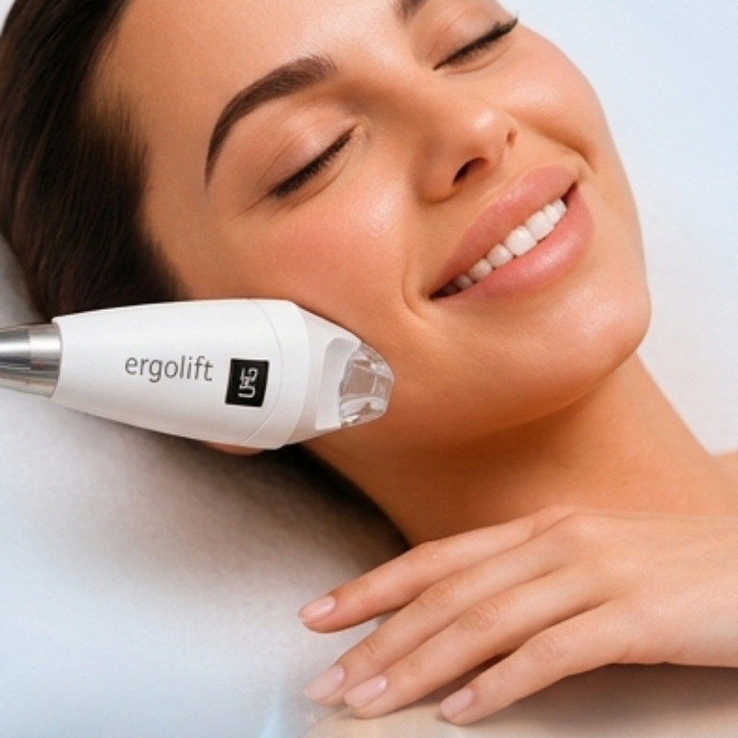 Woman receiving facial treatment with a handheld device, smiling on a treatment bed with glowing effect on chest