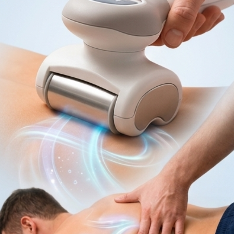 Massage device being used on a person’s back, with blue glow indicating therapy