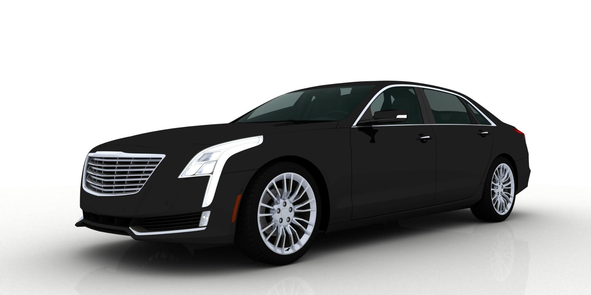 Black luxury sedan car on a white studio background, front three-quarter view