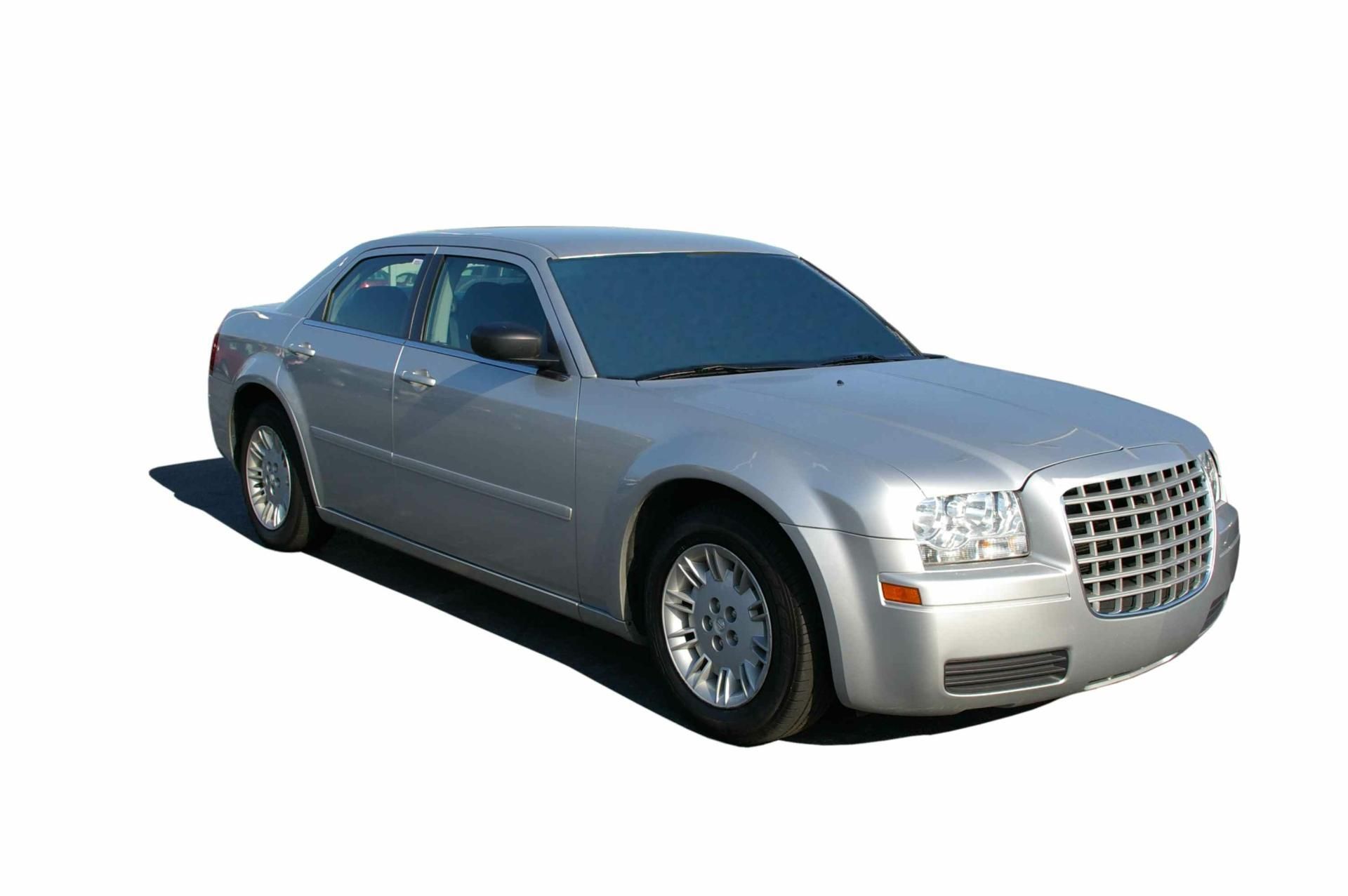 Silver Chrysler 300 sedan on a white background, front three-quarter view