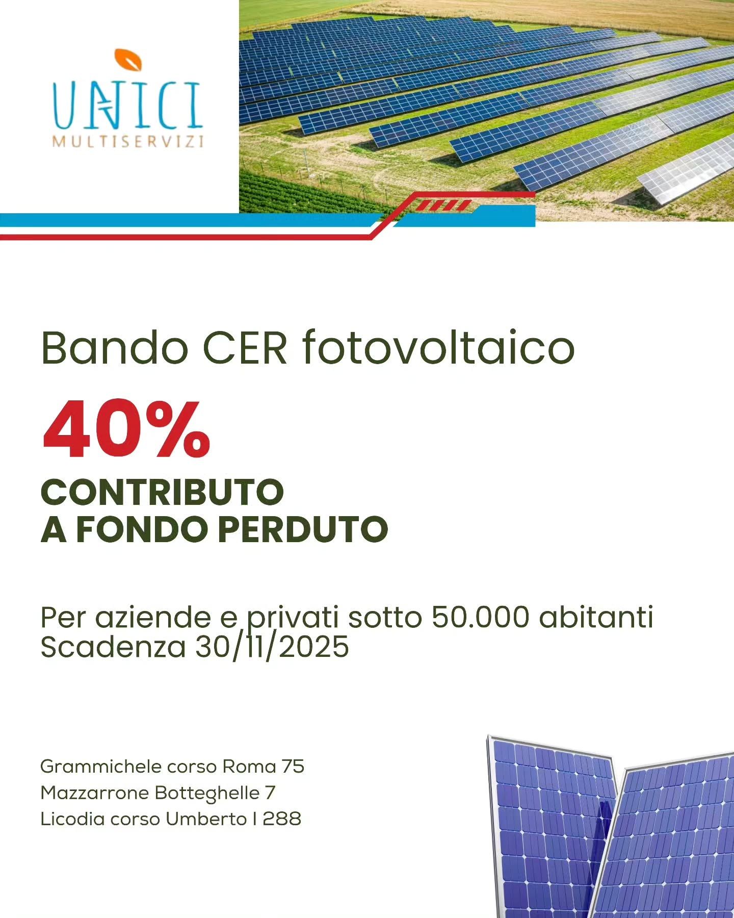 Bando per il CER fotovoltaico, che offre un contributo del 40% ad aziende e privati ​​sotto i 50.000 abitanti. Scadenza 30/11/2025.