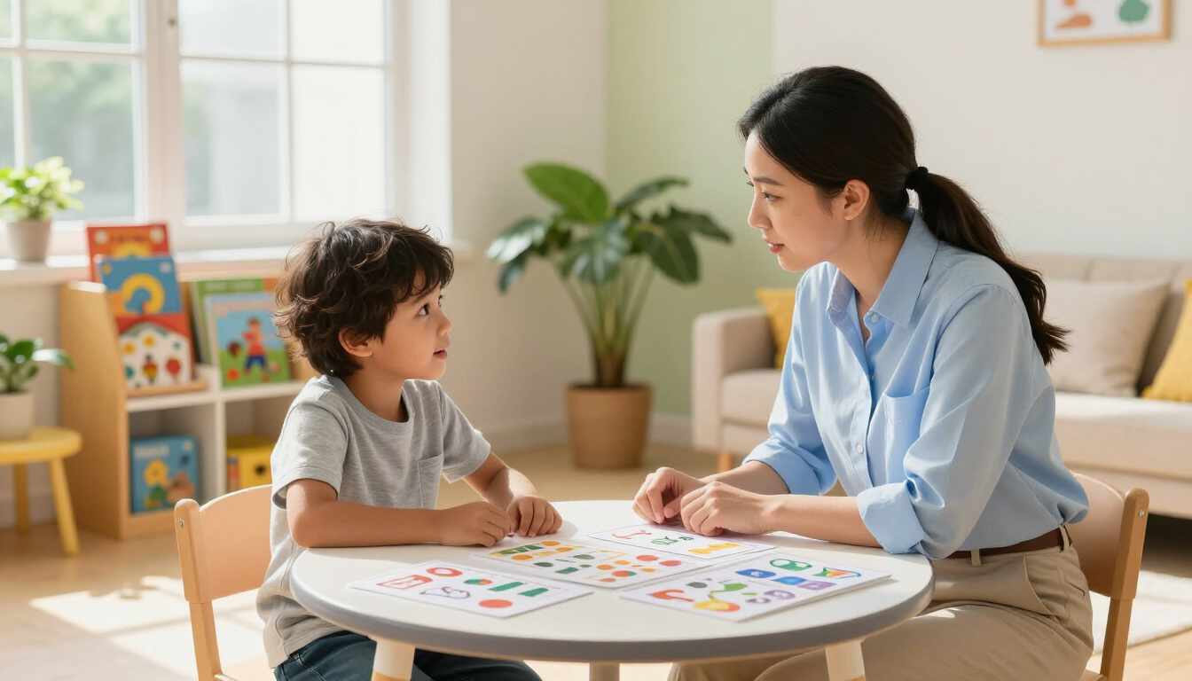 Child and adult at a table playing a colorful matching game in a bright room