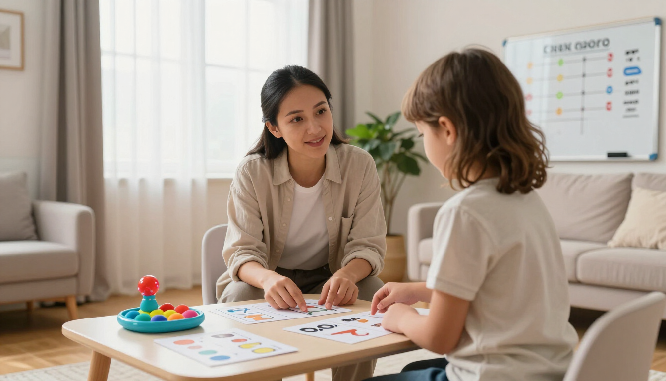 Therapist and child playing a board game in a bright therapy room with a whiteboard nearby