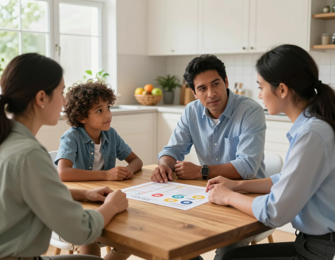 Family meeting around a table with papers and drawings in a bright kitchen
