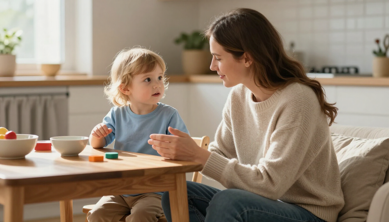 Woman and toddler talking at a table in a bright kitchen, with bowls and cups on the tabletop